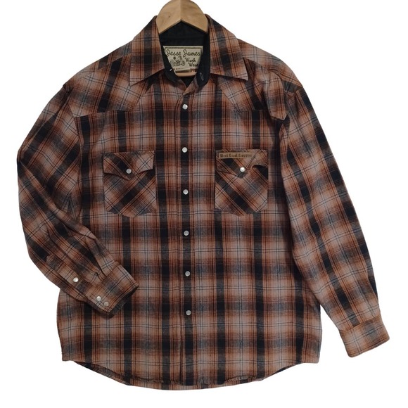 West Coast Choppers Other - West Coast Choppers Men's M Jesse James Workwear Brown Plaid Pearl Snap Shirt